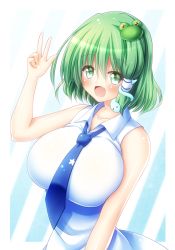 Rule 34 | 1girl, adapted costume, arm up, bare shoulders, blue background, blue necktie, blush, border, breasts, collarbone, collared dress, commentary request, dress, eyes visible through hair, fingernails, frog hair ornament, green eyes, green hair, hair ornament, hair tubes, hand up, highres, huge breasts, kochiya sanae, long fingernails, looking at viewer, necktie, open mouth, osashin (osada), outside border, short hair, sleeveless, sleeveless dress, smile, snake hair ornament, solo, standing, star (symbol), star print, striped, striped background, tongue, touhou, v, white background, white border, white dress