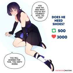 Rule 34 | 1boy, absurdres, androgynous, arm armor, arm support, artist name, black skirt, blush, english text, eyeshadow, full body, genshin impact, highres, leaning to the side, legs, looking at viewer, makeup, male focus, matemi, meme, open mouth, patreon username, pleated skirt, red eyeshadow, sandals, scaramouche (genshin impact), shadow, shiny skin, simple background, skirt, sleeveless, speech bubble, toes, twitter strip game (meme), white background