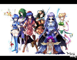 Rule 34 | 6+girls, :o, armor, arrow (projectile), bad id, bad pixiv id, barefoot, bell, blue eyes, blue hair, blush, book, boots, bow (weapon), breasts, brown hair, cape, capelet, cecilia (fire emblem), circlet, cleavage, cloak, dancer, double bun, dress, echizen (hvcv), facial mark, fae (fire emblem), fingerless gloves, fire emblem, fire emblem: the binding blade, forehead mark, gloves, green eyes, green hair, hands on own hips, hat, headband, heart, highres, lalum (fire emblem), large breasts, letterboxed, lilina (fire emblem), long hair, magic, magician, midriff, multiple girls, nintendo, orb, pantyhose, pink hair, pointy ears, polearm, purple hair, ribbon, see-through, shanna (fire emblem), short hair, skirt, smile, sophia (fire emblem), spear, staff, sue (fire emblem), thigh boots, thighhighs, very long hair, weapon, wings, zettai ryouiki
