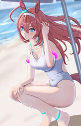 Rule 34 | 1girl, absurdres, ahoge, animal ears, armlet, beach, beach umbrella, blue eyes, blurry, blurry background, blush, breasts, brown hair, cleavage, closed mouth, commentary request, ear ornament, fuji noriho, highleg, highleg swimsuit, highres, horse ears, horse girl, horse tail, horseshoe necklace, jewelry, large breasts, long hair, looking at viewer, mihono bourbon (umamusume), necklace, ocean, one-piece swimsuit, outdoors, sand, silver hairband, smile, solo, squatting, swimsuit, tail, umamusume, umbrella, water, white one-piece swimsuit