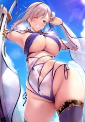 Rule 34 | 1girl, ahoge, asymmetrical hair, bare shoulders, blue eyes, blue gk, blue one-piece swimsuit, blue ribbon, blue sky, blue thighhighs, blush, breasts, bun cover, cleavage, cowboy shot, criss-cross halter, day, detached sleeves, fate/grand order, fate (series), from below, fur trim, grin, hair between eyes, hair bun, hair intakes, hair ribbon, halterneck, hand on own head, head tilt, highres, hip focus, large breasts, long hair, looking at viewer, miyamoto musashi (fate), miyamoto musashi (fate/grand order), miyamoto musashi (swimsuit berserker) (fate), miyamoto musashi (swimsuit berserker) (third ascension) (fate), navel, one-piece swimsuit, one eye closed, outdoors, pink hair, ribbon, single hair intake, single side bun, skindentation, sky, smile, solo, sparkle, standing, sunlight, swept bangs, swimsuit, sword, thighhighs, thighs, two-tone swimsuit, underboob, water drop, weapon, wet, white one-piece swimsuit