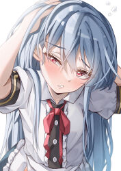 Rule 34 | 1girl, absurdres, blue hair, blush, buttons, center frills, collared shirt, frills, hair between eyes, highres, hinanawi tenshi, long hair, mahoro (minase mahoro), no headwear, open mouth, red eyes, shirt, short sleeves, simple background, sleepy, solo, touhou, upper body, white background, white shirt