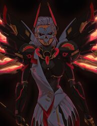 Rule 34 | absurdres, alternate universe, artist request, black sclera, colored sclera, highres, lapel pin, mask, mechanical wings, mercy (overwatch), mirrorwatch mercy, official alternate costume, overwatch, overwatch 2, red eyes, skull mask, tagme, vengeance mercy, white hair, wings