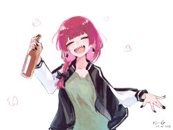Rule 34 | 1girl, absurdres, black bow, black jacket, black nails, blunt bangs, blush, bocchi the rock!, bottle, bow, braid, closed eyes, commentary, dated, dress, earrings, english commentary, green dress, hair bow, highres, hiroi kikuri, holding, holding bottle, jacket, jewelry, long hair, long sleeves, making-of available, nail polish, open clothes, open jacket, open mouth, purple hair, rnna, sake bottle, sharp teeth, simple background, solo, teeth, white background