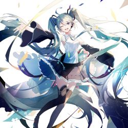 Rule 34 | 1girl, absurdly long hair, ahoge, aqua eyes, aqua hair, aqua necktie, bare shoulders, black skirt, black sleeves, black thighhighs, commentary, confetti, detached sleeves, feet out of frame, frilled skirt, frills, hair ornament, hatsune miku, hatsune miku (vocaloid4) (chinese), headphones, headset, long hair, looking at viewer, mamenomoto, necktie, one eye closed, open mouth, outstretched arms, outstretched hand, ribbon, shirt, sidelighting, skirt, sleeveless, sleeveless shirt, smile, solo, standing, thighhighs, twintails, very long hair, vocaloid, white background, white shirt, zettai ryouiki