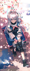 Rule 34 | 1girl, absurdres, animal ear headphones, animal ears, black footwear, black gloves, blue archive, blue eyes, boots, bulletproof vest, dice gt, fake animal ears, flower, full body, gloves, grey hair, gun, hair ornament, halo, headphones, highres, holding, holding phone, knee pads, looking at viewer, looking up, miyako (blue archive), multicolored eyes, open clothes, phone, pink gloves, shoes, side ponytail, sidelocks, sitting, solo, two-tone gloves, weapon, white hair
