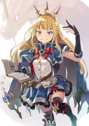 Rule 34 | 1girl, bad id, bad nicoseiga id, black footwear, black gloves, black thighhighs, blonde hair, blunt bangs, book, boots, bow, bowtie, cagliostro (dark) (granblue fantasy), cagliostro (granblue fantasy), commentary, dress, gloves, granblue fantasy, grin, hairband, hinami (hinatamizu), holding, holding book, long hair, looking at viewer, ouroboros (granblue fantasy), parted lips, purple eyes, red bow, red bowtie, short sleeves, smile, solo, standing, standing on one leg, thigh boots, thighhighs