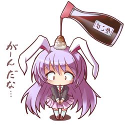 Rule 34 | 1girl, animal ears, chibi, constricted pupils, food, food on head, jacket, kneehighs, long hair, long sleeves, looking down, lowres, necktie, object on head, pleated skirt, pouring, purple hair, rabbit ears, red eyes, reisen udongein inaba, rice, ryogo, shadow, simple background, skirt, socks, solo, soy sauce, suit jacket, tears, touhou, v arms, very long hair, white background