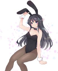 Rule 34 | 10s, 1girl, animal ears, black bow, black bowtie, black hair, black leotard, black pantyhose, bow, bowtie, breasts, brown pantyhose, detached collar, fake animal ears, feet out of frame, fruitfroze, hair ornament, hairclip, highres, invisible chair, leotard, long hair, looking at viewer, medium breasts, pantyhose, playboy bunny, rabbit ears, sakurajima mai, seishun buta yarou, sitting, smile, solo, strapless, strapless leotard, white background, wrist cuffs