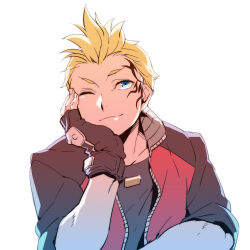 Rule 34 | 1boy, blonde hair, blue eyes, closed mouth, facial tattoo, final fantasy, final fantasy viii, fingerless gloves, gloves, jacket, male focus, one eye closed, simple background, smile, solo, tattoo, tetsukuzu tetsuko, white background, zell dincht