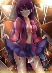 Rule 34 | 1girl, bad id, bad pixiv id, bakemonogatari, blue eyes, brand name imitation, breasts, cleavage, clothes lift, eraser, glue, highres, lifting own clothes, long hair, looking at viewer, marker, medium breasts, monogatari (series), navel, open clothes, open shirt, pen, purple hair, razor blade, ruler, school uniform, scissors, see-through, see-through silhouette, senjougahara hitagi, shirt, skirt, skirt lift, smile, solo, standing, stapler, swordsouls, table, thighs, tombow mono, wading, water, wet, wet clothes