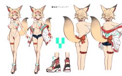 Rule 34 | 1girl, ahoge, animal ears, ass, blue eyes, bow, breasts, bridal garter, character sheet, choker, cropped legs, cutoffs, denim, denim shorts, fox ears, fox tail, highres, jacket, large breasts, looking at viewer, mappaninatta, multiple views, navel, off shoulder, open clothes, open jacket, original, platform footwear, short hair, shorts, slingshot swimsuit, smile, swimsuit, tail, tail bow, tail ornament, white background
