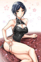 Rule 34 | 1girl, ass, bad id, bad pixiv id, bare arms, bare shoulders, black dress, blue hair, blush, breasts, china dress, chinese clothes, cleavage, cleavage cutout, clothing cutout, collarbone, covered collarbone, dress, floral background, flower, forehead, hayami kanade, highres, idolmaster, idolmaster cinderella girls, idolmaster cinderella girls starlight stage, kuguri oimo, large breasts, looking at viewer, parted bangs, parted lips, pink flower, sleeveless, sleeveless dress, solo, yellow eyes