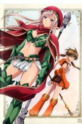 Rule 34 | 2girls, absurdres, alleyne (queen&#039;s blade), alleyne (queen's blade), beret, blonde hair, blue eyes, boots, braid, breasts, brown eyes, brown hair, cape, cleavage, cover, dvd cover, elbow gloves, elf, fighting master alleyne, flat chest, forest keeper nowa, gloves, green footwear, hat, highres, long hair, medium breasts, midriff, miniskirt, monkey, multiple girls, nowa (queen&#039;s blade), nowa (queen's blade), pointy ears, polearm, queen&#039;s blade, rin-sin, ruu (queen&#039;s blade), side braid, skirt, staff, thigh boots, thighhighs, twintails, weapon