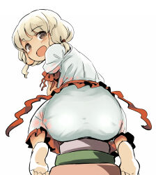 Rule 34 | 1girl, ass, barefoot, blonde hair, blush, brown eyes, dress, ebisu eika, feet, frills, from behind, hair tie, highres, looking back, open mouth, ribbon, rock, rock balancing, short hair, simple background, sitting, sketch, soles, solo, touhou, white background, white dress, wily beast and weakest creature, yudepii