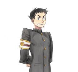 Rule 34 | 1boy, ace attorney, armband, arms behind back, black eyes, black hair, black jacket, breast pocket, buttons, clenched teeth, derivative work, godzillapigeon1, jacket, long sleeves, male focus, matching hair/eyes, pocket, ryunosuke naruhodo, school uniform, short hair, sketch, solo, teeth, the great ace attorney, upper body, v-shaped eyebrows, wide-eyed