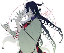 Rule 34 | 1boy, ashiya douman (fate), asymmetrical clothes, asymmetrical hair, bell, black eyes, black hair, curly hair, earrings, eyeshadow, fate/grand order, fate (series), fingernails, from side, green eyeshadow, green kimono, green lips, green nails, hair bell, hair between eyes, hair intakes, hair ornament, highres, japanese clothes, jewelry, kimono, lipstick, long hair, looking at viewer, magatama, magatama earrings, makeup, male focus, miruvx (pixiv45253251), multicolored hair, nail polish, onmyouji, open clothes, open kimono, ribbed sleeves, sharp fingernails, shikigami, smile, solo, two-tone hair, upper body, very long fingernails, very long hair, white hair