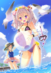 Rule 34 | 10s, 2girls, :d, alternate eye color, animal ears, ball, beachball, bikini, bird, blue eyes, blue one-piece swimsuit, blush, breasts, cleavage, closed mouth, cloud, day, diving mask, eyebrows, fish, floral print, flower, glasses, goggles, grey hat, hair between eyes, hair bun, hair flower, hair ornament, hat, hat ribbon, head wreath, holding, holding ball, innertube, kantai collection, kashima (kancolle), katori (kancolle), lace, lace-trimmed bikini, lace trim, lens flare, looking at viewer, mask, medium breasts, mouth hold, multiple girls, one-piece swimsuit, open mouth, outdoors, palm tree, parted bangs, pier, pikazo, plaid, plaid bikini, purple bikini, purple eyes, ribbon, rimless eyewear, scrunchie, seagull, side-tie bikini bottom, sidelocks, silver hair, single hair bun, smile, standing, swim ring, swimsuit, transparent, tree, two side up, underboob, unworn mask, wading, water, wet, wrist scrunchie, yellow flower