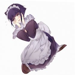 Rule 34 | 1girl, alternate costume, animal ears, apron, black dress, blunt bangs, blush, brown pantyhose, cat ears, dress, grey eyes, hands on own cheeks, hands on own face, highres, hyuuga hinata, long sleeves, looking at viewer, maid, maid apron, maid headdress, naruto, naruto (series), open mouth, pantyhose, seiza, short hair, simple background, sitting, solo, white background, yuishironeko