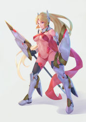 Rule 34 | 1girl, bare shoulders, bigrbear, black thighhighs, blonde hair, boots, bra, grey background, highres, holding, holding weapon, horns, lance, legs apart, long hair, looking at viewer, mecha musume, original, panties, parted bangs, parted lips, polearm, ponytail, purple eyes, red bra, red panties, shadow, simple background, smile, solo, thighhighs, underwear, very long hair, weapon