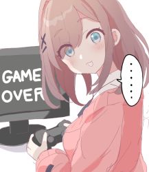 Rule 34 | ..., 1girl, blue eyes, blush, brown hair, cardigan, collared shirt, controller, false smile, flat screen tv, game controller, game over, hair ornament, hairclip, head tilt, holding, long sleeves, looking at viewer, looking to the side, nijisanji, open mouth, pink cardigan, shirt, simple background, smile, solo, spoken ellipsis, staring, suzuhara lulu, tadanoshi kabane, television, upper body, virtual youtuber, white background, white shirt, wide-eyed, x hair ornament