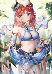Rule 34 | 1girl, armlet, blue eyes, blue skirt, blush, bracelet, breasts, brooch, eric (tianqijiang), genshin impact, hair ornament, harem outfit, highres, horns, jewelry, long hair, long sleeves, looking at viewer, medium breasts, neck ring, nilou (genshin impact), puffy long sleeves, puffy sleeves, red hair, sash, sidelocks, skirt, solo, thighs, veil, water