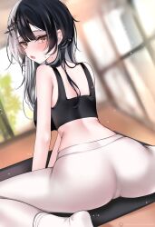 Rule 34 | 1girl, :o, absurdres, acedia, bare arms, black hair, black sports bra, blurry, blurry background, blush, breasts, commentary, grey hair, highres, hololive, indoors, leggings, long hair, looking at viewer, looking back, median furrow, medium breasts, multicolored hair, shiori novella, socks, solo, split-color hair, sports bra, sweat, virtual youtuber, white leggings, white socks