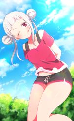 Rule 34 | 1girl, ;), ;p, arashi chisato, arms behind back, artist name, artist request, bare legs, black shorts, black tank top, blue sky, blush, breasts, cloud, collarbone, day, double bun, feathers, female focus, hair bun, hair tie, highres, long hair, looking at viewer, love live!, love live! school idol festival, love live! superstar!!, one eye closed, outdoors, parted lips, red eyes, red shirt, shirt, short shorts, short sleeves, shorts, sky, small breasts, smile, solo, tank top, tongue, tongue out, tree, twintails, undershirt, v-shaped eyebrows, wavy hair, white hair, wink