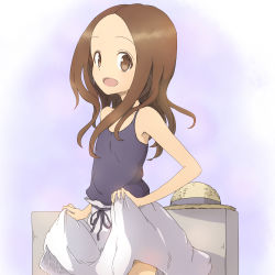 Rule 34 | 10s, 1girl, :d, bare arms, bare shoulders, black camisole, brown eyes, brown hair, camisole, commentary request, forehead, hat, unworn hat, unworn headwear, highres, karakai jouzu no takagi-san, long hair, looking at viewer, open mouth, parted bangs, skirt, skirt hold, smile, solo, sun hat, takagi-san, takunama, white skirt