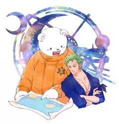 Rule 34 | 2boys, bandana around arm, bear, bepo, chabo (niwatori bosori), crossed arms, green hair, highres, japanese clothes, jumpsuit, kimono, looking at map, looking down, male focus, map, multiple boys, one eye closed, one piece, orange jumpsuit, roronoa zoro, scar, scar across eye, scar on chest, short hair, smile, v-shaped eyebrows
