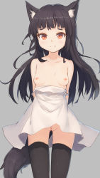 Rule 34 | 1girl, animal ear fluff, animal ears, arms behind back, bad id, bad tumblr id, black hair, black thighhighs, blush, breasts, cat ears, cleft of venus, dress, fang, gluteal fold, highres, inverted nipples, long hair, looking at viewer, nipples, no bra, no panties, off shoulder, original, pussy, red eyes, shone, small breasts, smile, solo, tail, thighhighs, uncensored, white dress, wolf ears, wolf tail