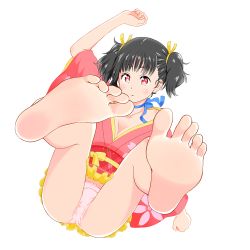 Rule 34 | 10s, 1girl, bare legs, barefoot, black hair, blush, commentary request, feet, floral print, foot focus, hair ribbon, horyo houta, japanese clothes, kimono, koutetsujou no kabaneri, legs, legs up, long sleeves, looking at viewer, lying, mumei (kabaneri), neck ribbon, obi, on back, panties, pink panties, red eyes, ribbon, sash, short hair, soles, solo, toes, twintails, underwear, wide sleeves