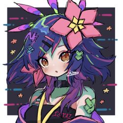 Rule 34 | 1girl, :o, bare shoulders, black background, black choker, blush, border, breasts, choker, collarbone, colored skin, dokumi, flower, green skin, hair flower, hair ornament, hairclip, highres, jacket, league of legends, looking at viewer, medium hair, multicolored hair, neeko (league of legends), off shoulder, orange eyes, pink flower, pink hair, pink jacket, purple hair, small breasts, solo, two-tone hair, white border
