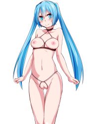 Rule 34 | 1girl, aqua eyes, aqua hair, bare shoulders, blush, bra, breastless clothes, breasts, crotchless, crotchless panties, cupless bra, female focus, functionally nude, hatsune miku, highres, jack dempa, long hair, looking at viewer, medium breasts, navel, nipples, panties, pussy, simple background, smile, solo, standing, thigh gap, third-party edit, twintails, uncensored, underwear, very long hair, vocaloid, white background