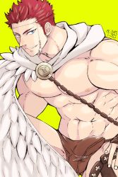 Rule 34 | 1boy, abs, ancient greek clothes, bara, bare pectorals, blue eyes, briefs, brown male underwear, bulge, erection, erection under clothes, feather collar, feathers, gakei3, greco-roman clothes, harness, heterochromia, large pectorals, leaning forward, long sideburns, male focus, male underwear, muscular, muscular male, navel, nipples, pectorals, pollux (housamo), red hair, short hair, sideburns, smile, solo, stomach, tokyo houkago summoners, underwear, yellow eyes