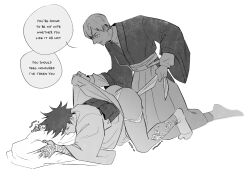 2boys all_fours ass closed_eyes commentary english_commentary english_text evil_smile fushiguro_megumi highres imminent_penetration incest japanese_clothes jujutsu_kaisen kimono looking_at_another monochrome multicolored_hair multiple_boys ofuda ofuda_on_arm ofuda_on_leg short_hair smile socks speech_bubble spiked_hair trembling two-tone_hair undressing undressing_another wide_sleeves yaoi yukata zen&#039;in_naoya zestypochita