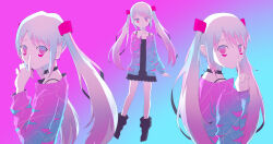 Rule 34 | 1girl, absurdres, blue eyes, blue hair, closed mouth, facepaint, hatsune miku, highres, light blue hair, long hair, looking at viewer, multicolored eyes, multicolored hair, multiple persona, open clothes, pink hair, pinocchio-p, secret himitsu (vocaloid), smile, solo, twintails, two-tone hair, very long hair, vocaloid
