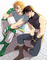 Rule 34 | 2boys, bandage on face, bandages, bare shoulders, battle tendency, blonde hair, boots, brown hair, caesar anthonio zeppeli, crop top, elbow rest, feather hair ornament, feathers, fingerless gloves, gloves, green eyes, hair ornament, hand on own cheek, hand on own face, head rest, headband, jojo no kimyou na bouken, joseph joestar, joseph joestar (young), kine (warabi mk501), knee boots, knee pads, leaning on person, midriff, multiple boys, sleeping, triangle print