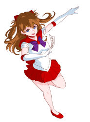 Rule 34 | 1girl, absurdres, bare legs, bishoujo senshi sailor moon, blue eyes, breasts, brown hair, choker, cosplay, earrings, elbow gloves, gloves, hair ornament, highres, jewelry, jumping, large breasts, long hair, magical girl, medium breasts, miniskirt, neon genesis evangelion, pleated skirt, red skirt, sailor mars, sailor mars (cosplay), skirt, smile, solo, souryuu asuka langley, talisman, tsunemoku, two side up, white background, white gloves