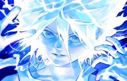 Rule 34 | 1boy, bad id, bad twitter id, blue background, blue theme, electricity, frown, hair between eyes, hands up, hunter x hunter, killua zoldyck, lips, looking at viewer, male focus, portrait, short hair, solo, spiked hair, tank top, umi (k mpk), white hair