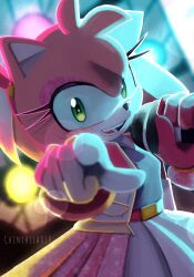 Rule 34 | 1girl, amy rose, animal ears, animal nose, arm up, artist name, asymmetrical gloves, belt, black shirt, blurry, blurry background, blush, bracelet, breasts, chinchila010, eyelashes, eyeshadow, furry, furry female, gloves, green eyes, hand up, hedgehog ears, hedgehog girl, highres, holding, holding microphone, jacket, jewelry, long sleeves, looking at viewer, makeup, medium breasts, microphone, music, open clothes, open jacket, open mouth, pink belt, pink eyeshadow, pink fur, pink gloves, pocket, pointing, pointing at viewer, shirt, singing, skirt, smile, solo, sonic (series), t-shirt, teeth, tongue, white gloves, white jacket, white skirt