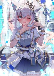 Rule 34 | 1girl, animal ear fluff, animal ears, ao kotoha, aqua bow, aqua bowtie, aqua sash, blue corset, blue eyes, blue skirt, blush, bow, bowtie, braid, collared shirt, commentary request, corset, earrings, ears down, extra ears, fox ears, fox girl, fox tail, frilled skirt, frills, gold trim, hands up, heart, heart hands, highres, holding, holding microphone, hololive, hololive idol uniform (bright), idol, idol clothes, jacket, jewelry, lapels, layered skirt, long hair, microphone, miniskirt, notched lapels, official alternate costume, open clothes, open jacket, open mouth, puffy short sleeves, puffy sleeves, shirakami fubuki, shirt, short sleeves, side braid, sidelocks, single earring, skirt, solo, stage, tail, tiara, underbust, virtual youtuber, white hair, white jacket, white shirt, white skirt, white wrist cuffs, wrist cuffs