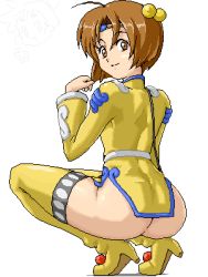 Rule 34 | 1girl, ahoge, ass, back, bob cut, boots, brown eyes, brown hair, dress, hair ornament, isu, lowres, norma beatty, oekaki, short hair, simple background, skin tight, smile, solo, tales of (series), tales of legendia, thigh boots, thighhighs, v, white background, yellow thighhighs