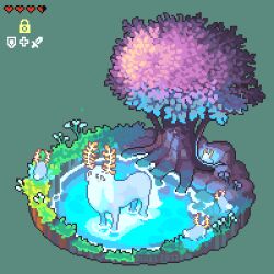 Rule 34 | animated, animated gif, antlers, artist name, blupee, drinking, flower, gameplay mechanics, glowing, grass, green background, health bar, heart, highres, horns, lord of the mountain, nintendo, no humans, pixel heart, pixel jess, plant, pond, rock, simple background, sparkle, the legend of zelda, the legend of zelda: breath of the wild, tree, water, yellow eyes
