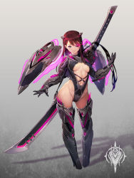 Rule 34 | 1girl, absurdres, armor, boots, breasts, brown hair, center opening, commentary, glowing, glowing eye, groin, highres, large breasts, long hair, looking at viewer, mecha musume, medium breasts, navel, original, radjeong, revealing clothes, science fiction, solo, sword, tagme, thigh boots, thighhighs, underboob, weapon, weapon on back, weapon request