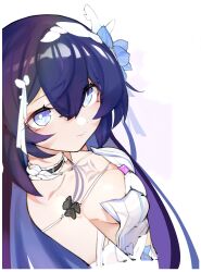 Rule 34 | 1girl, absurdres, blue eyes, blue hair, breasts, bright pupils, chest tattoo, closed mouth, dress, error1980, flower, hair between eyes, hair flower, hair ornament, highres, honkai (series), honkai impact 3rd, long hair, looking at viewer, medium breasts, seele vollerei, seele vollerei (herrscher of rebirth), simple background, solo, tattoo, upper body, white dress, white pupils