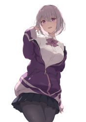 Rule 34 | 1girl, black pantyhose, black skirt, bow, bowtie, breasts, commentary request, cowboy shot, gridman universe, hand in own hair, hand up, highres, jacket, kodamazon, large breasts, light blush, long sleeves, looking at viewer, off shoulder, open clothes, open jacket, open mouth, pantyhose, pink bow, pink bowtie, pink eyes, pink hair, purple jacket, shinjou akane, short hair, simple background, skirt, sleeves past wrists, smile, solo, ssss.gridman, white background