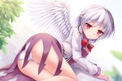 Rule 34 | 1girl, arm support, ass, bare legs, blurry, bow, bowtie, braid, closed mouth, depth of field, dress, feathered wings, french braid, from behind, highres, jacket, kishin sagume, leaf, long sleeves, looking at viewer, looking back, lying, lzh, on side, open clothes, open jacket, panties, purple dress, red bow, red bowtie, red eyes, shiny skin, short hair, silver hair, single wing, smile, solo, thighs, touhou, trefoil, underwear, upskirt, white jacket, white wings, wings