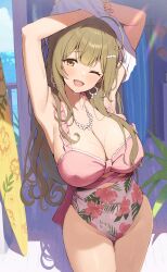 Rule 34 | 1girl, ;d, absurdres, ahoge, armpits, arms up, blush, breasts, brown eyes, brown hair, casual one-piece swimsuit, cleavage, collarbone, cowboy shot, day, earrings, floral print, frilled one-piece swimsuit, frills, groin, hair ornament, highres, idolmaster, idolmaster shiny colors, jewelry, kuwayama chiyuki, large breasts, long hair, looking at viewer, necklace, one-piece swimsuit, one eye closed, open mouth, outdoors, pink one-piece swimsuit, smile, solo, standing, sunlight, swimsuit, thighs, undressing, wanimaru