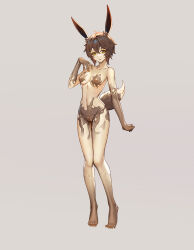 Rule 34 | 1girl, absurdres, animal ears, breasts, brown hair, commission, corruption, full body, grey background, hand on own chest, highres, liquid, looking at viewer, medium breasts, original, pussy, rabbit ears, rabbit girl, rabbit tail, shen hai ichigo, short hair, solo, standing, tail, variant set, yellow eyes